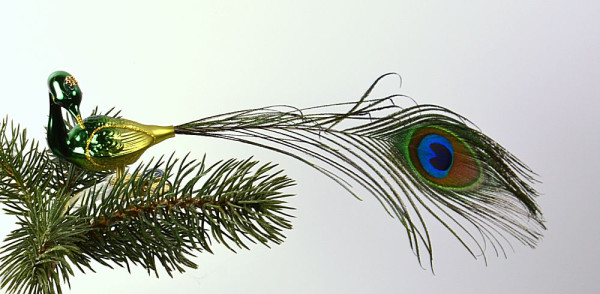 Pfau mit gedrehten Kopf grün Länge ca. 20 cm  echte Pfauenfeder