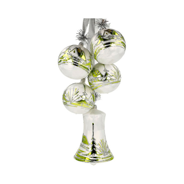 Gehänge,4x8er Kugel+10er Glocke,eisweiss,grüne LS Gesamtlänge 45cm