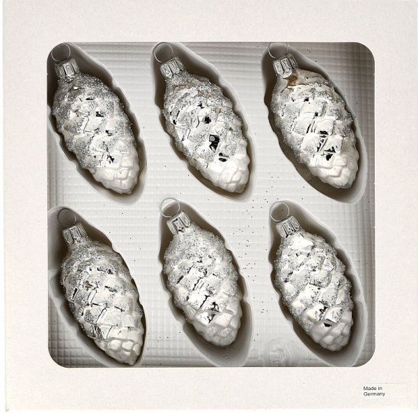 Tannenzapfen 5cm 6fach eisweiß Silberglimmer mundgeblasen handbemalt