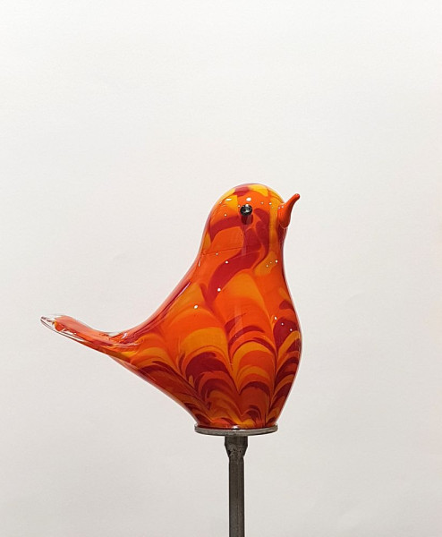 Gartenobjekt Vogel-Spatz  20 cm orange bunt inkl. Eisenstab, Gesamthöhe ca. 1,40 m