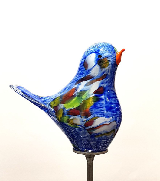 Gartenobjekt Vogel-Spatz  20 cm blau bunt inkl. Eisenstab, Gesamthöhe ca. 1,40 m