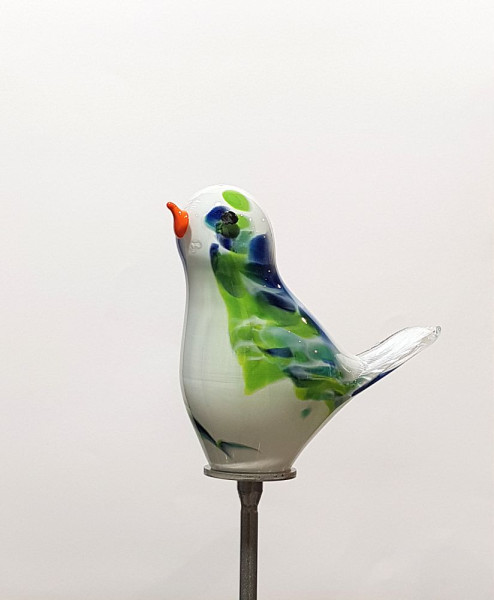 Gartenobjekt Vogel-Spatz  20 cm weiß blau grün inkl. Eisenstab, Gesamthöhe ca. 1,40 m