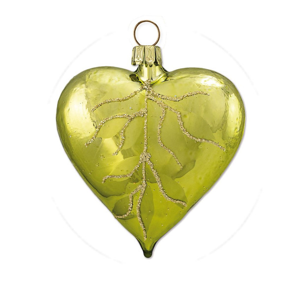 Herz "Blätterreigen" algengrün mundgeblasen, handgemalt aus Lauscha