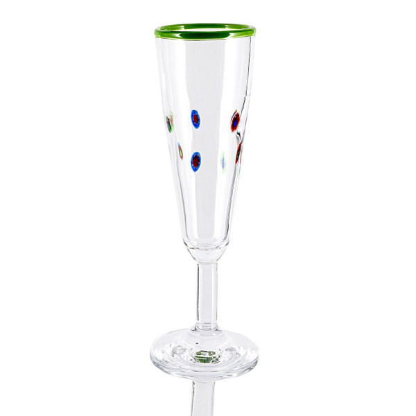 Millefiori Sektglas mit grünem Rand Höhe ca. 22cm Inhalt ca. 0,1 l