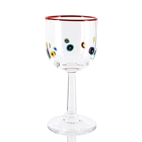 Millefiori Weinglas mit rotem Rand Höhe ca. 17 cm Inhalt ca. 0,3 l