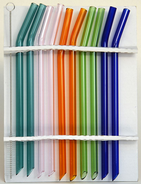 10er Set Glas-Strohhalme, farbig sortiert , geknickt 10 Stück im Pack, Länge 20 cm, mit Reinigungsbürste