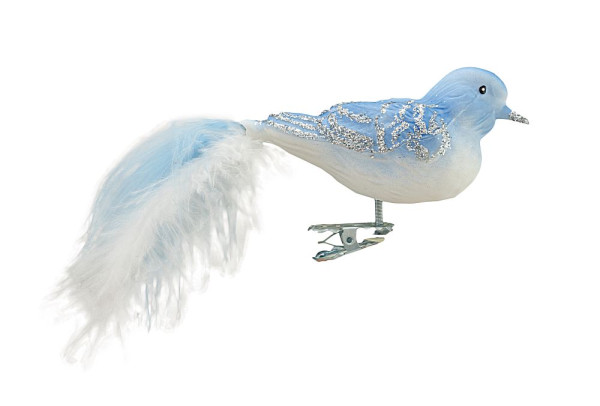 Dicker Vogel samt-weiß/blau mundgeblasen, handgemalt aus Lauscha