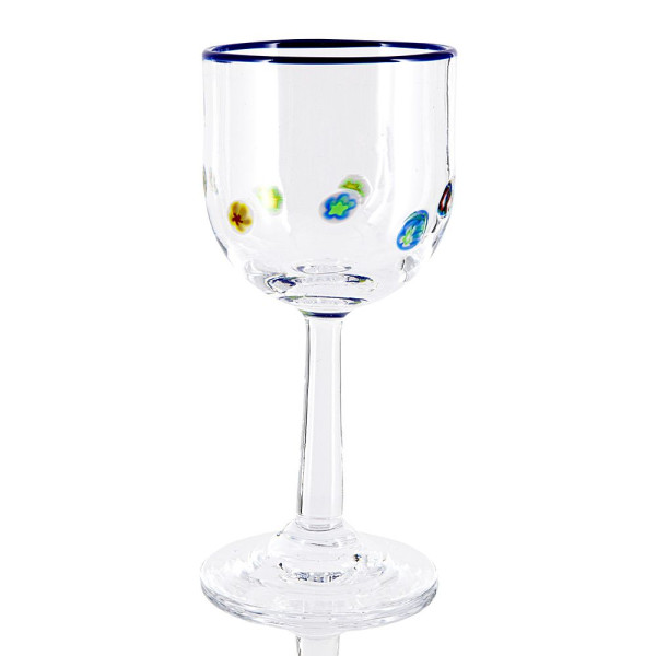 Millefiori Weinglas mit dunkelblauem Rand Höhe ca. 17 cm Inhalt ca. 0,3 l