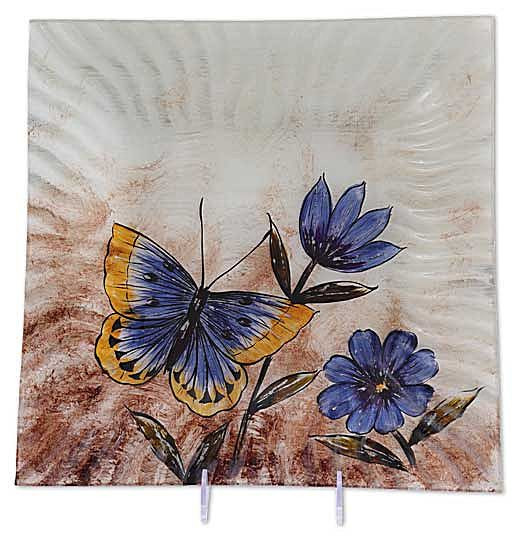 Glasplatte"Schmetterling mit Blume" viereck 35cm