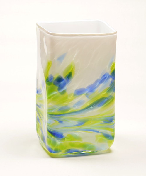 Kastenvase Granulat weiß-mint-blau freigeformtes Lauschaer Glas, Maße ca. B10 x T8 x H18 cm