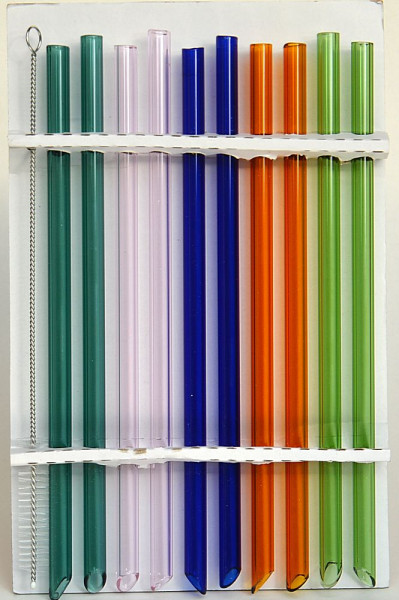 10er Set Glas-Strohhalme, farbig gerade 10 Stück im Pack, Länge 19 cm, mit Reinigungsbürste