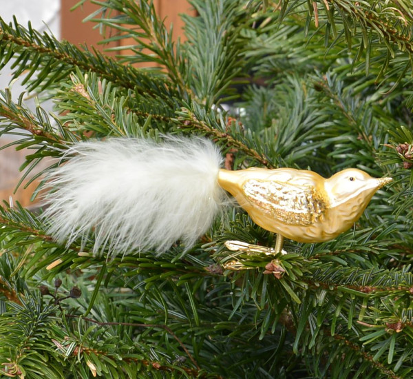 Vogel  gold matt Lange mit Feder ca. 16 cm