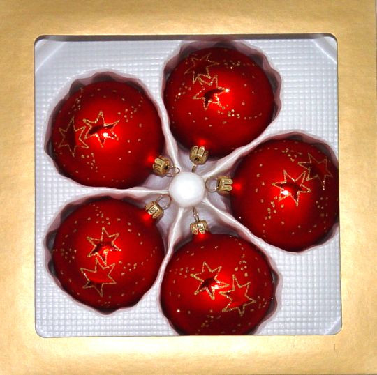 Kugel 6cm 5fach Weihnachtsrot matt Sternenschweif gold LAUSCHAER CHRISTBAUMSCHMUCK mundgeblasen,handgemalt