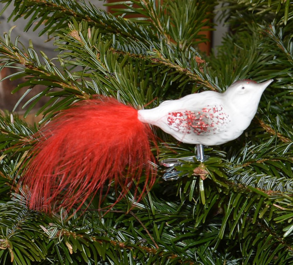 Vogel samtweiss/ roter Glimmer Länge mit Feder ca. 15 cm