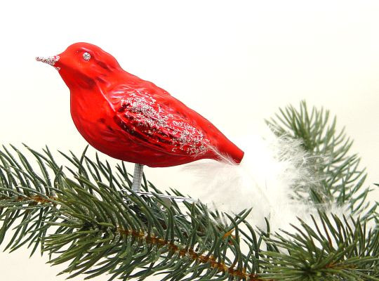 Vogel  rot matt Silberglimmer Länge mit Feder ca. 15 cm