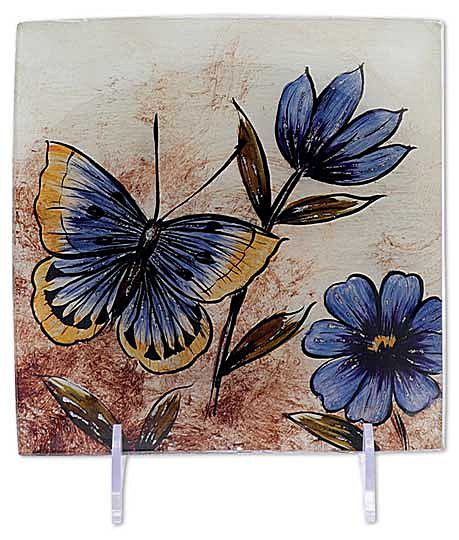 Glasplatte "Schmetterling mit Blume" Viereck 16cm
