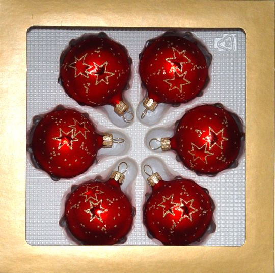 Kugel 5cm 6fach Weihnachtsrot matt Sternenschweif gold LAUSCHAER CHRISTBAUMSCHMUCK mundgeblasen,handgemalt