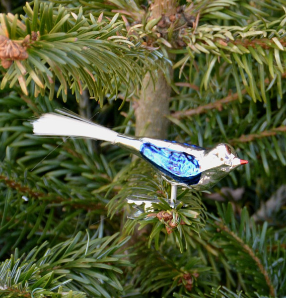 kleiner Vogel silber Flügel glanz blau Länge 10 cm