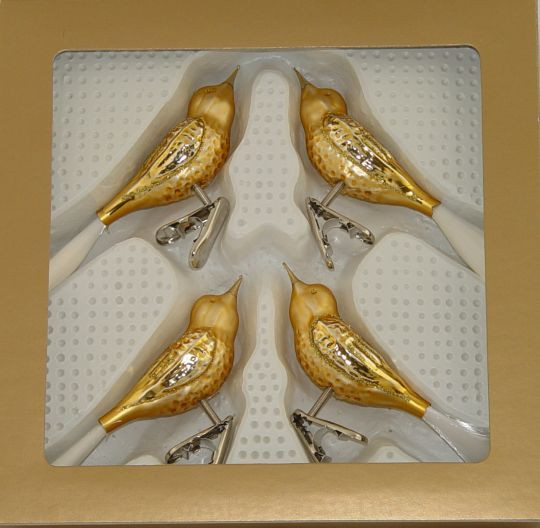 Vögel auf Clip, 4fach,echtgold matt LAUSCHAER CHRISTBAUMSCHMUCK mundgeblasen,handgemalt